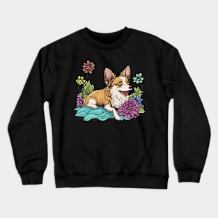 Cute Corgi Dog with Flowers in Summer Time Crewneck Sweatshirt